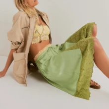 Womens Free Lace Trim Patchwork Wide Leg Half Slip People Fp  Knee Length Ruffle Hem Flowy Shorts With Pockets Y2k Going Out Swing Drawstring Bloomer Skort Cute Low Rise Satin Capri Mid Pants - Green - View 4