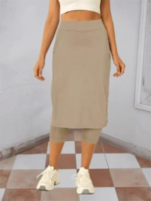 Womens Tennis Skirt With Capris Leggings Golf Knee Length Skorts Athletic Long Skirts For Women With Pockets - 卡其色 - 查看 1