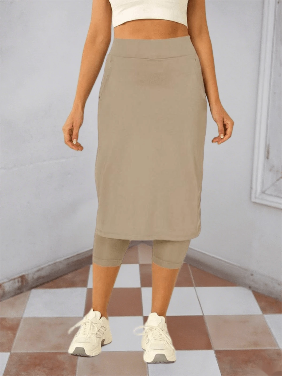 Womens Tennis Skirt With Capris Leggings Golf Knee Length Skorts Athletic Long Skirts For Women With Pockets - 卡其色 - 查看 1