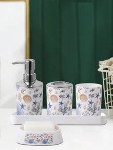 浴室配件套装 9 件套海洋图案浴室套装（带垃圾桶）浴室配件套装海洋浴室配件套装家居浴室装饰夏季返校季 - 彩色 - 查看 6