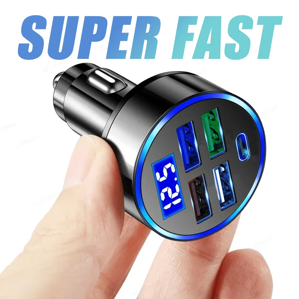 5 端口数字显示车载充电器，快速充电适配器兼容 /等点烟器 - 黑色 - 查看 1