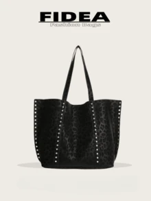 Geantă de umăr din piele PU cu imprimeu leopard pentru femei, nouă la modă, cu capacitate mare, decor cu nituri, stil vintage elegant, potrivită pentru întâlniri, cumpărături, naveta, versatilă - Negru - Vizualizare 1