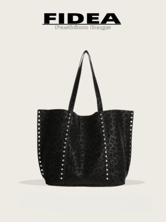 New Fashion Women's Leopard Print Tote Bag, Large Capacity PU Leather Shoulder Bag, Rivet Decor, Elegant Vintage Style, Suitable For Dating, Shopping, Commuting, Versatile