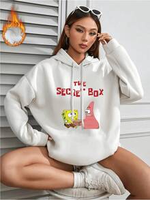 SpongeBob SquarePants White Crewneck Hoodie for Women - Spring/Fall Oversized Relaxed Fit Cartoon Print Top  and Patrick surround “THE SECRET BOX,” as if hiding little secrets. Fleece-lined and skin-friendly, perfect for friday out out. - 白色 - 查看 1