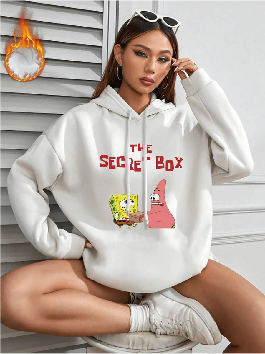 SpongeBob SquarePants White Crewneck Hoodie for Women - Spring/Fall Oversized Relaxed Fit Cartoon Print Top  and Patrick surround “THE SECRET BOX,” as if hiding little secrets. Fleece-lined and skin-friendly, perfect for friday out out. - 白色 - 查看 1