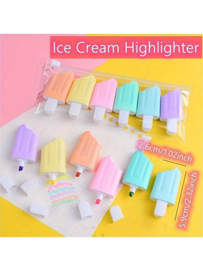 6 Stücke/Set Mini Eis am Stiel Fluoreszierender Textmarker, süße Doodle Zeichnung Tagebuch Studien Markerset