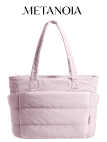 Tote Bag For Women, Lightweight Puffy Tote Bag With Compartments Quilted Shoulder Bag Handbag For Travel, Work, Gym - Pink - View 5