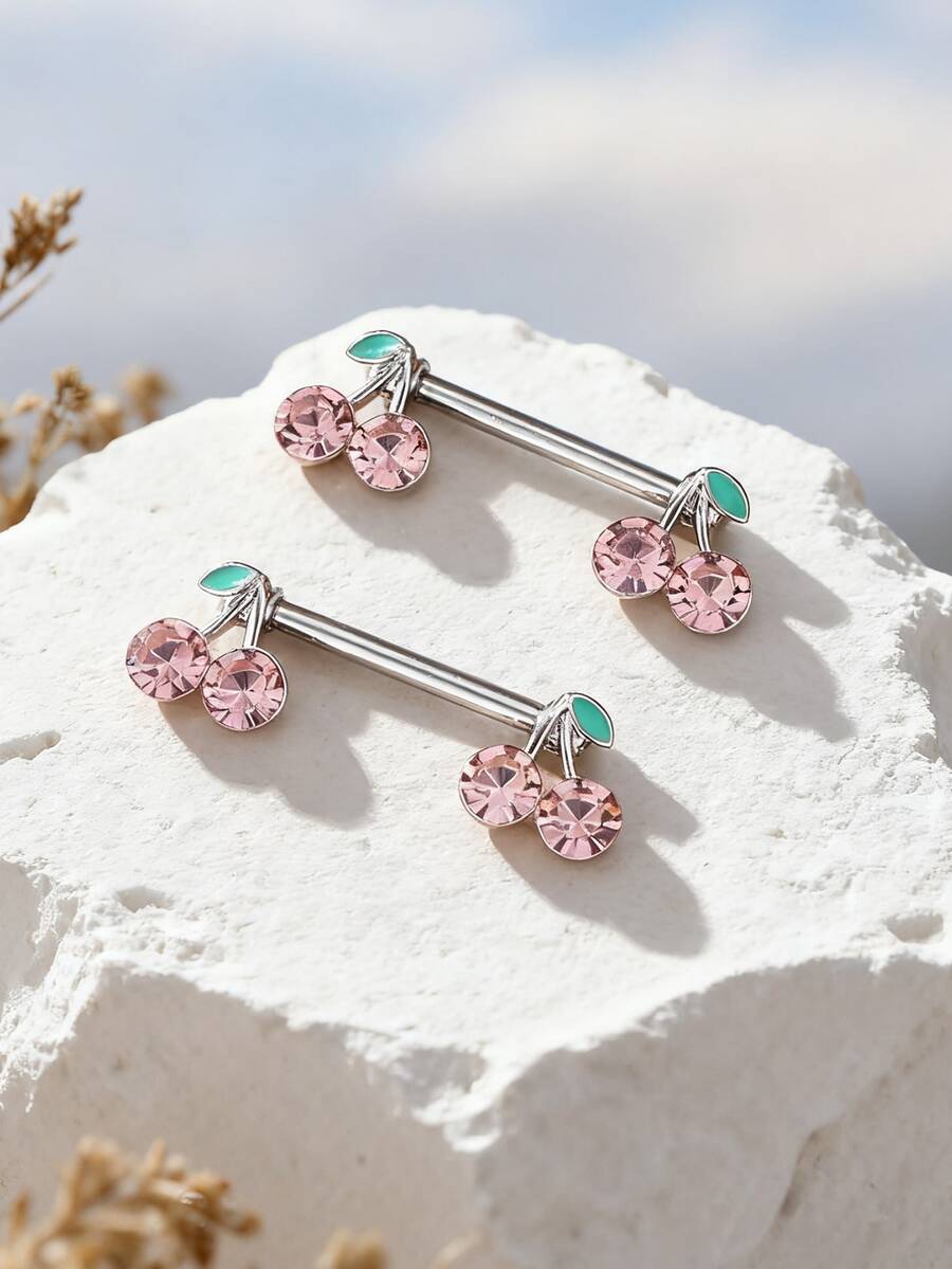 2pcs Fashionable & Cute Cherry Plant Stainless Steel Nipple Rings For Women