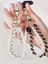 1 件奢华复古香氛珍珠链手机挂绳 + 腕夹手机挂绳吊坠，适合通用手机壳和钥匙扣