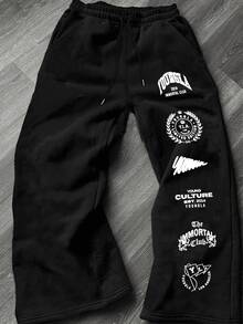 Pantalón de chándal de pierna recta con estampado de letras corte holgado unisex ropa casual de calle cómodo para todas las estaciones diseño urbano versátil y transpirable para hombre y mujer - Negro - Ver 3