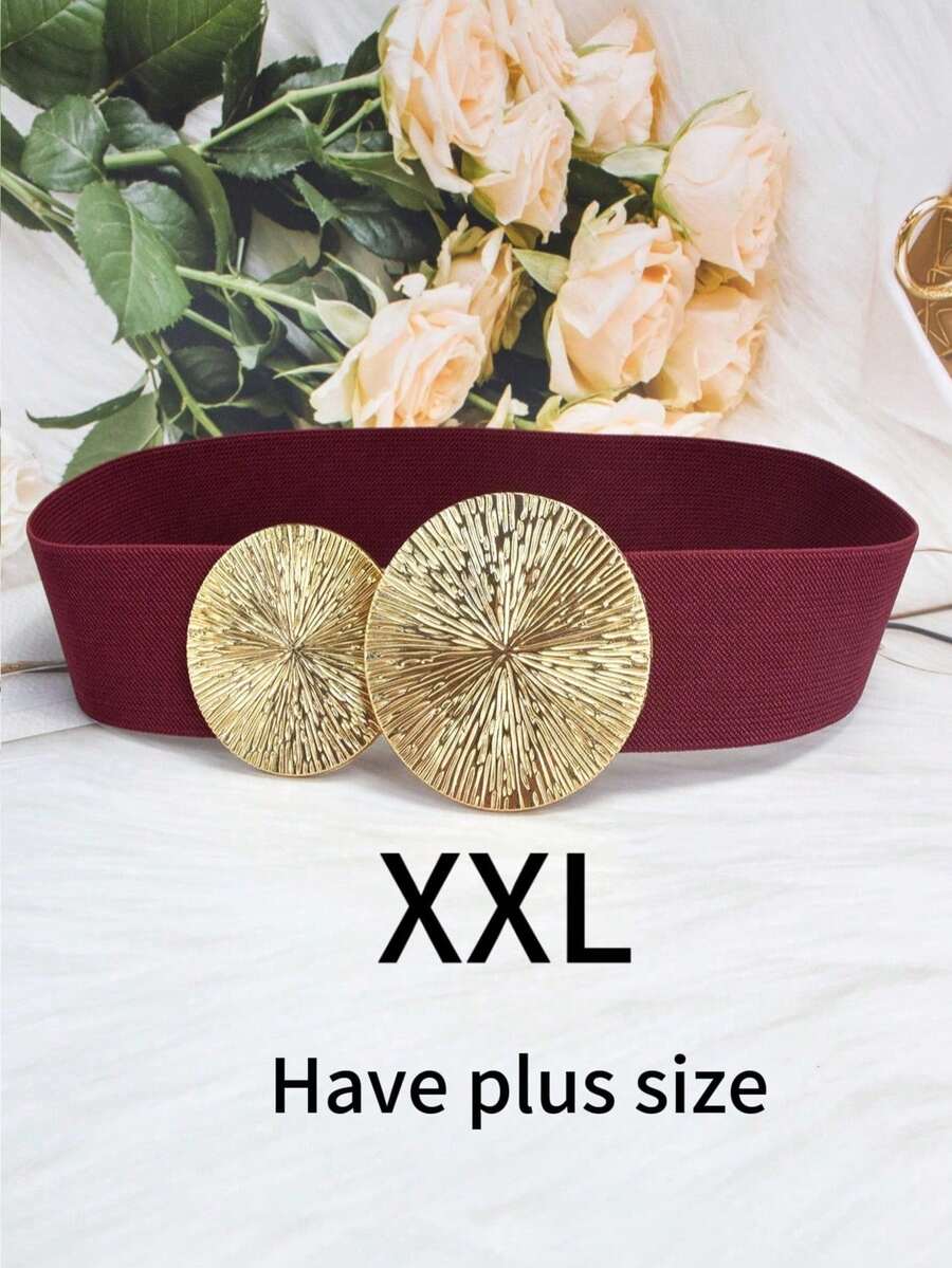 1pc Plus Size Women's Elegant Gold Elastic Waist Belt, Burgundy Buckle Waist Belt, Suitable For Coats, Dresses, Casual Wear, Parties, Daily Commute, Casual Outings, Holidays, Dates, Music Festivals, Campus, Christmas
