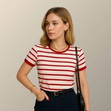 Casual Babylook Striped T-Shirt Blouse Basic Stripes Women's Fashion - MÀU ĐỎ - Xem 2