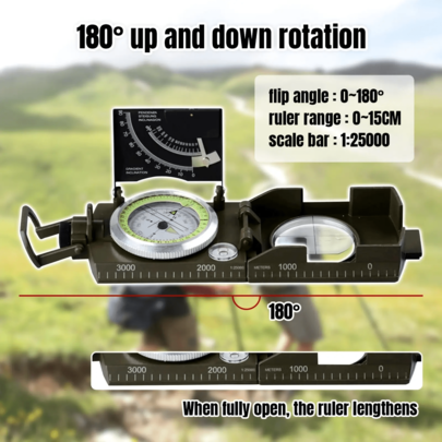 Brújula de supervivencia para exteriores: multifuncional, impermeable, portátil, con regla de doble escala y giro de 360°, construcción ABS duradera para senderismo, camping y viajes (verde). Accesorios para acampar al aire libre. No requiere pilas.