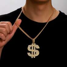 1pc Hip Hop Retro Street Style Dollar Sign Fully Iced Out Pendant Necklace, Suitable For Men And Women Hip Hop Fashion Wear, Great Gift For Friends