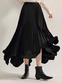 Plus Size Women's Pleated Frill Trim A-Line Skirt, Elegant Floral Petal Trim Black Spring - Black - View 5