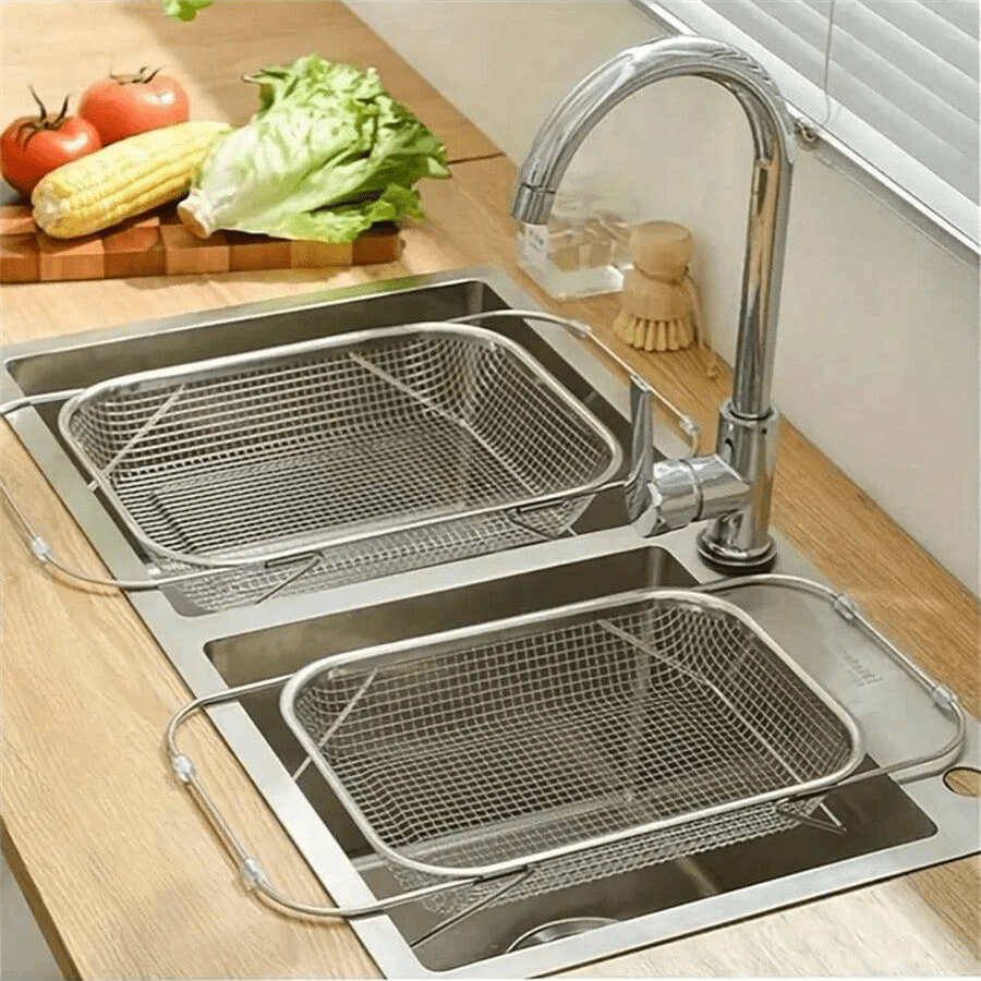 Rack de drenagem de pratos ajustável em aço inoxidável para pia de cozinha e frutas e vegetais