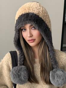 1pc Oversized Fluffy Pom Pom Earflap Hat, Cute & Warm Winter Hat For Women, Thick Knitted Beanie With Lining, Suitable For Autumn/Winter