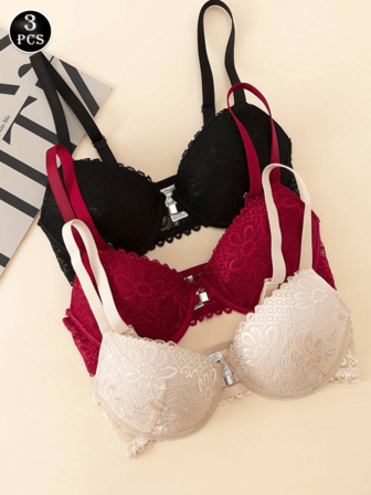 3 pezzi Reggiseno con ferretto e scollo a V profondo in pizzo, reggiseno push-up sexy e comodo, biancheria intima da donna