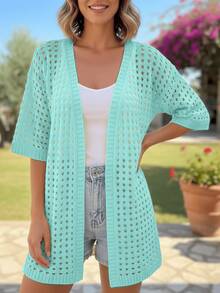 Women's Openwork Knit Kimono, Lightweight, Modern, Basic, Elegant, Casual - Verde - Ver 5