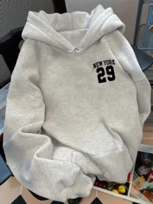 Sudadera con capucha gruesa para mujer de talla grande con estampado de letras de New York, de estilo casual y sencillo, adecuada para otoño/invierno - Gris Claro - Ver 2