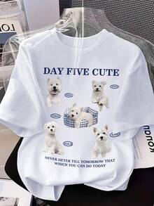 休闲标语动物印花宽松白色圆领短袖T恤，西高地白梗印花女式T恤，适合夏季返校季、日常休闲穿着，大码女式短袖上衣，女士T恤，大码上衣，弧形下摆T恤 - 白色 - 查看 3