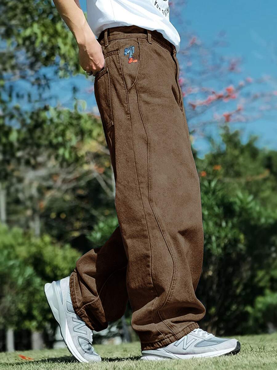 1pc Vintage American Style Elephant Embroidery Patchwork Design Loose Straight Leg Skateboard Casual Men Jeans (Accessories Not Included) - 棕色 - 查看 1