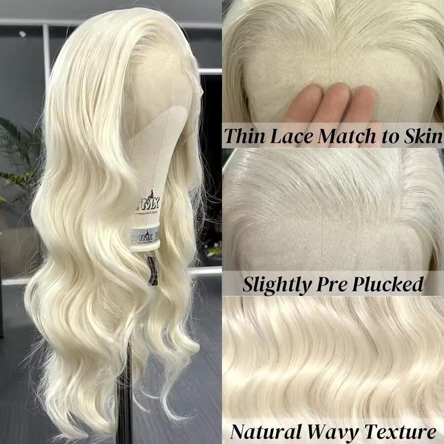 铂金色长波浪合成假发 散发自然卷发 13x4 蕾丝前部假发 适合女士日常派对角色扮演