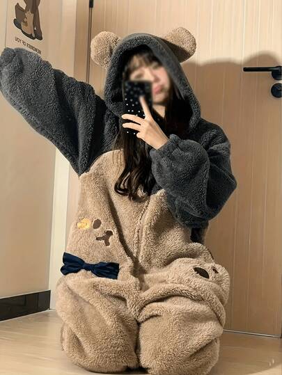 Cute Cartoon Bear Hooded Sweatshirt, Long Sleeve Zipper Plush Party Pajamas COSPLAY Loungewear, Women's Thickened Fleece Warm Hoodie, Colorblock Plush , Suitable For Carnival, Halloween, Music Festival, Halloween Costume For Women, Halloween Dress