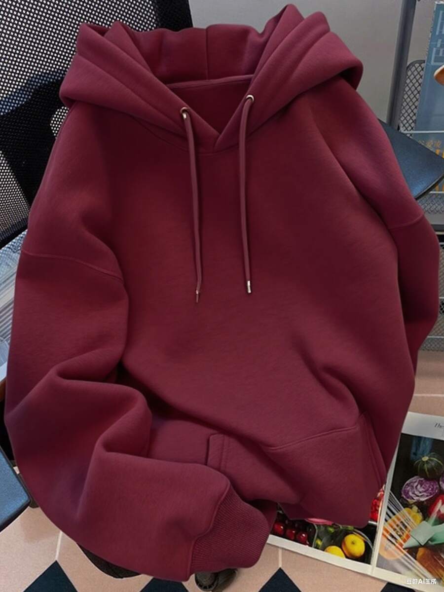 Sudadera Casual Sólida de Mujer con Capucha, Cordón y Bolsillos Canguro de Manga Larga Pullover - Burdeos - Ver 1