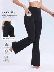 1pc Women's High Waist Lifting Tight Flare Pants, Yoga Pants, Workout Leggings With Pockets, Elastic Waistband, High Stretch, Breathable, Moisture-Wicking, Suitable For Gym, Running, Outdoor Sports, Yoga, Pilates, Dance, Ballet