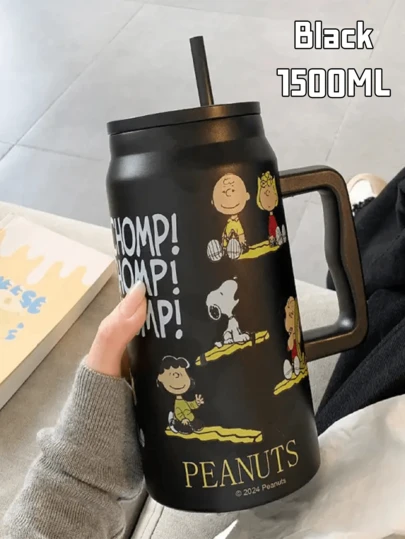 Snoopy CHOMP Black Tumbler Cup 1500ml, Unique Design, Large Handle for Convenience, Contain PP Straw, Stainless Steel Inner Liner, Ideal for Outdoor or Indoor Use
