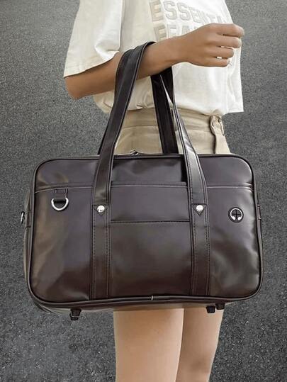 Bolsa tote clássica e elegante para viagem, estilo escolar vintage, grande capacidade, cor sólida, bolsa de ombro feminina versátil, bolsa de viagem moderna