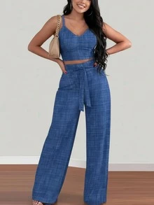 Conjunto de 2 piezas para mujer, Conjunto de top elástico con cuello en V y pantalones anchos para mujer, conjuntos elegantes para dama, conjuntos casuales para mujer, ideal para llevar a la oficina y para ocasiones informales cotidianas conjunto mujer. - Azul lavado oscuro - Ver 4