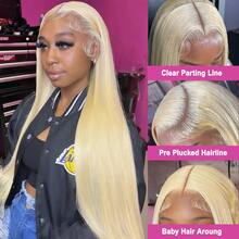 613号金色直发假发，13x4蕾丝前假发，真人混纺发丝，200%密度，13x6高清透明蕾丝假发，预先拔毛，带婴儿发，巴西原生发，无胶直发，万圣节假发，适合女性日常佩戴和角色扮演。 - S/613 - 查看 5