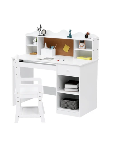 White Kids Desk, Study Desk and Chair Set with Bookshelf, Bulletin Board, and Cabinets - Ideal for Boys and Girls Ages 3-8
