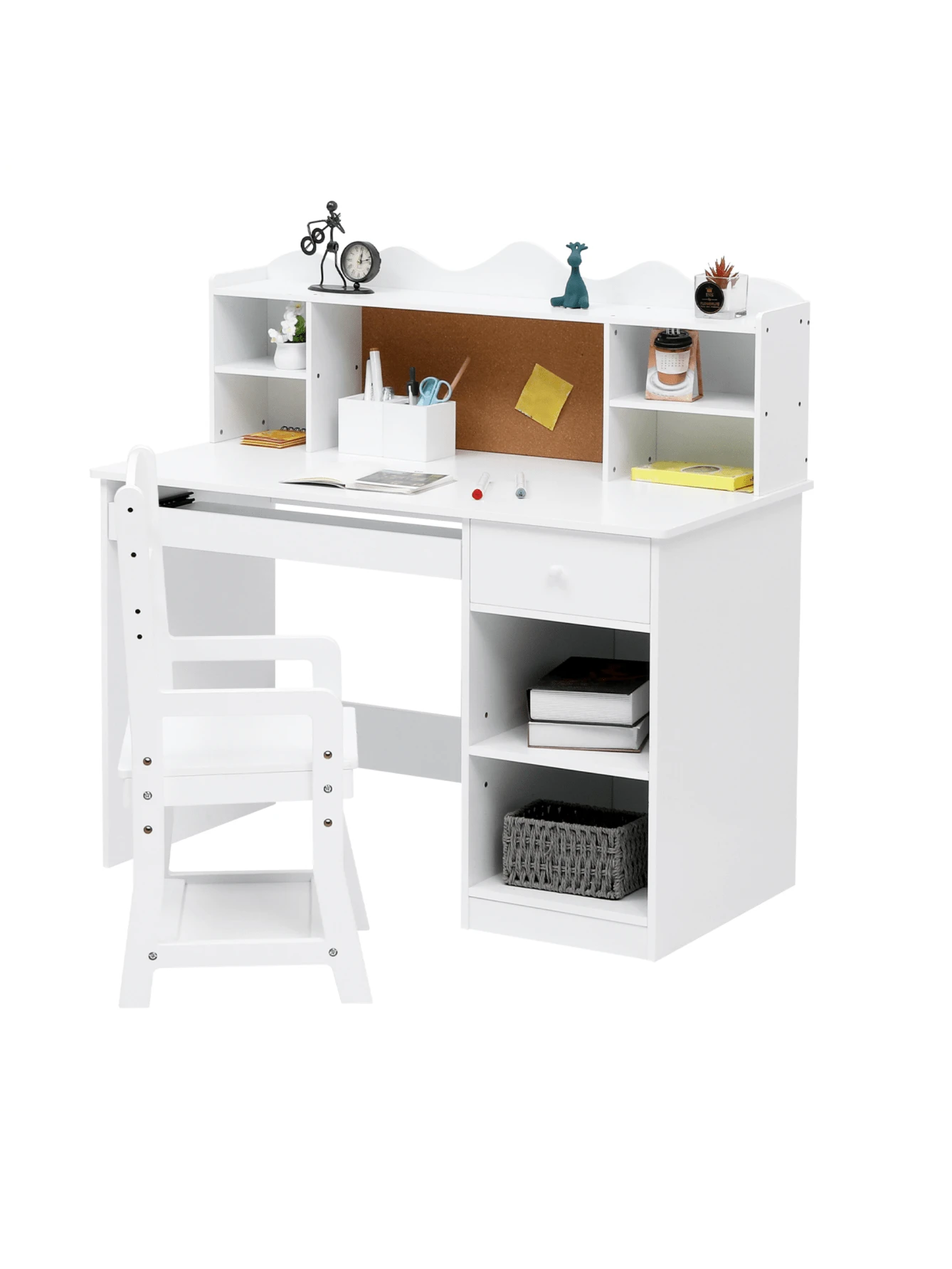 White Kids Desk, Study Desk and Chair Set with Bookshelf, Bulletin Board, and Cabinets - Ideal for Boys and Girls Ages 3-8 - Blanco - Ver 1