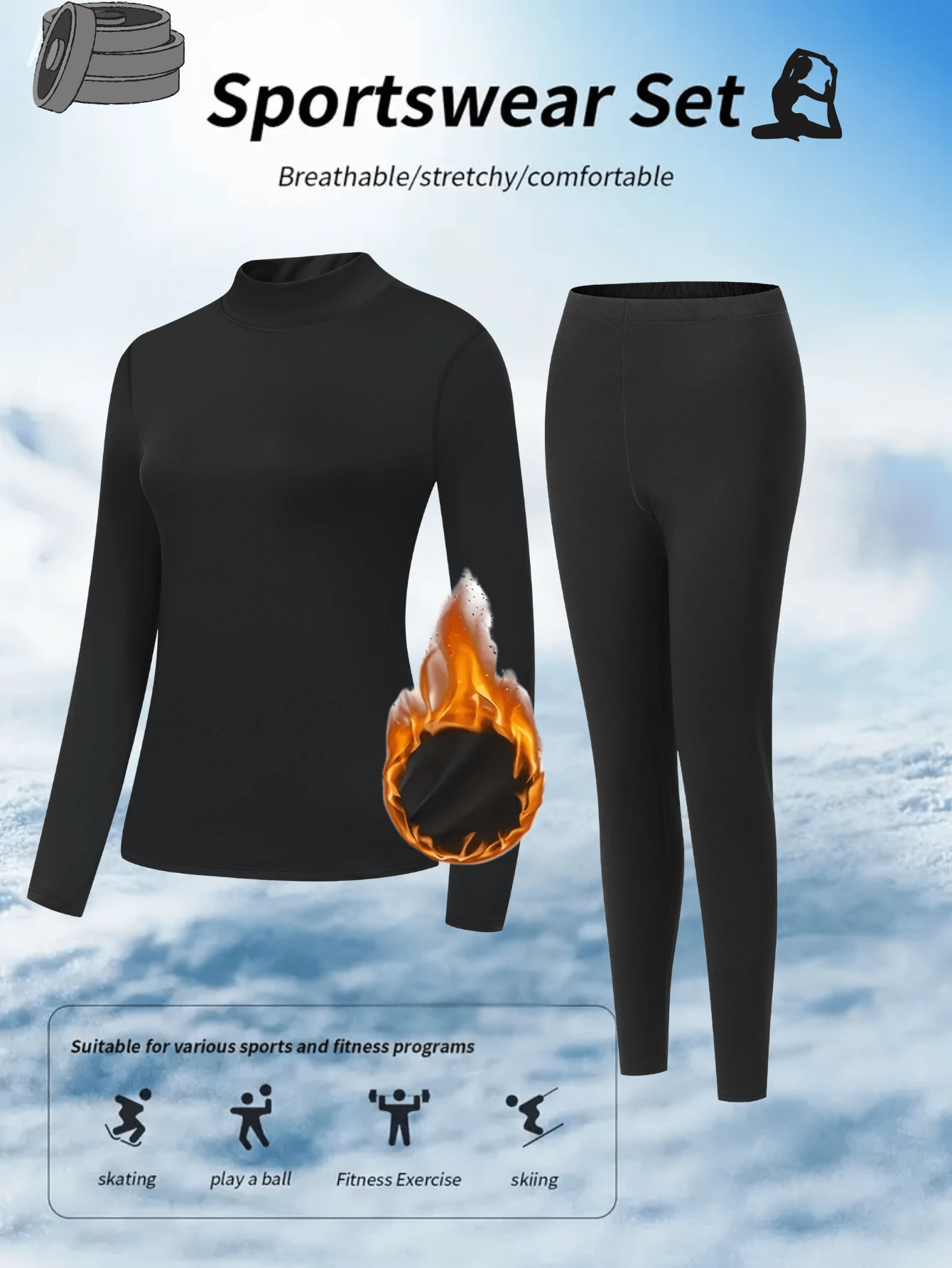 A Set Of Solid Color High-Neck Thermal Underwear For Women In Autumn And Winter. Fashionable Design, Close-Fitting, Cold-Resistant, Warm, Comfortable And Elastic. Black As A Gift For Autumn And Winter - màu đen - Xem 1