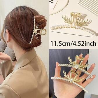 1 pieza Pinza de pelo con diseño de reno estilo navideño, gran pinza de pelo para mujer, accesorio de pelo de estilo francés con cuernos de alta gama. Decoraciones navideñas para el hogar, regalos de Navidad, decoración navideña