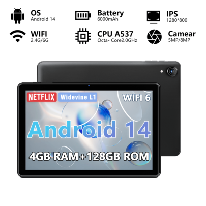 Qetupa 10.1 Inch Tablet Android14 Tablet 4GB RAM+128GB ROM,A537 Octa-Core2.0GHz,HD (1280*800)IPS Touch Screen,5MP+8MP Dual Camera, 6000Ah Battery,Supports 1TB SD Expinsion,BT5.4 & 802.11ac Wifi 2.4g/6g Wireless,No Support SIM Card-The Christmas Gifts Are Perfect And The Halloween Fun Is Super Enjoyable