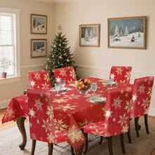 Set de fețe de masă și huse de scaun cu imprimeu digital decorativ cu model de fulgi de zăpadă de Crăciun 1/4/5/6/35 buc - Față de masă rezistentă la praf și lavabilă pentru mobilier de interior, potrivită pentru decorul sufrageriei interioare, reuniuni de familie, cadouri, petreceri de sărbători