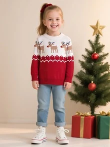 Young Girl Christmas Elk & Chevron Pattern Sweater - Multicolor - View 1