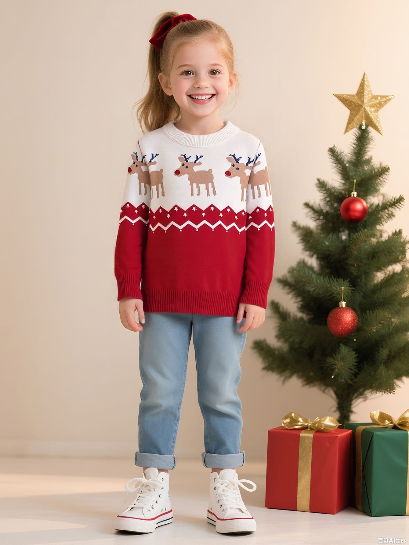 Young Girl Christmas Elk & Chevron Pattern Sweater - Multicolor - View 1