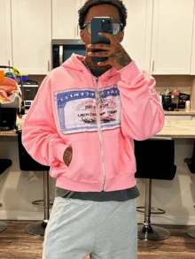 Zip Up Hoodie Unisex Y2k Oversized Graphic Hoodies Jackets Streetwear Vintage 2000s Emo Steetwear Outfits - 粉色 - 查看 2