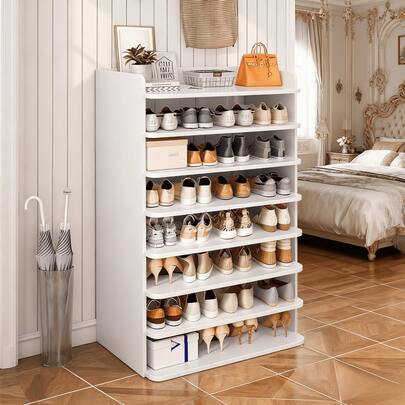 Eight-Layer Warm White Multi-Layer Shoe Cabinet Suitable For 21-27 Pairs Of Shoes And Boots, Free-Standing Long Shoe Rack, High Shoe Rack Storage Cabinet Suitable For Wardrobe, Entryway, Dormitory, White