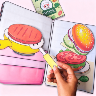 DIY安静书厨师贴纸场景，手工制作汉堡、披萨、厨房材料，非成品，需要手工剪贴
