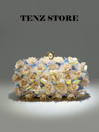 1Pc Fashionable Elegant Hand Made Hard Shell Clip And Sequin Clutch Bag With 3D Floral Beads And Dual Chains, Fairy Girl Style Shiny Shiny Handbag For Wedding, Bridesmaid, Banquet, Cocktail, Party, Prom, Formal Dress, Gift, Handle/ Crossbody Shoulder Purse (Random Pattern)