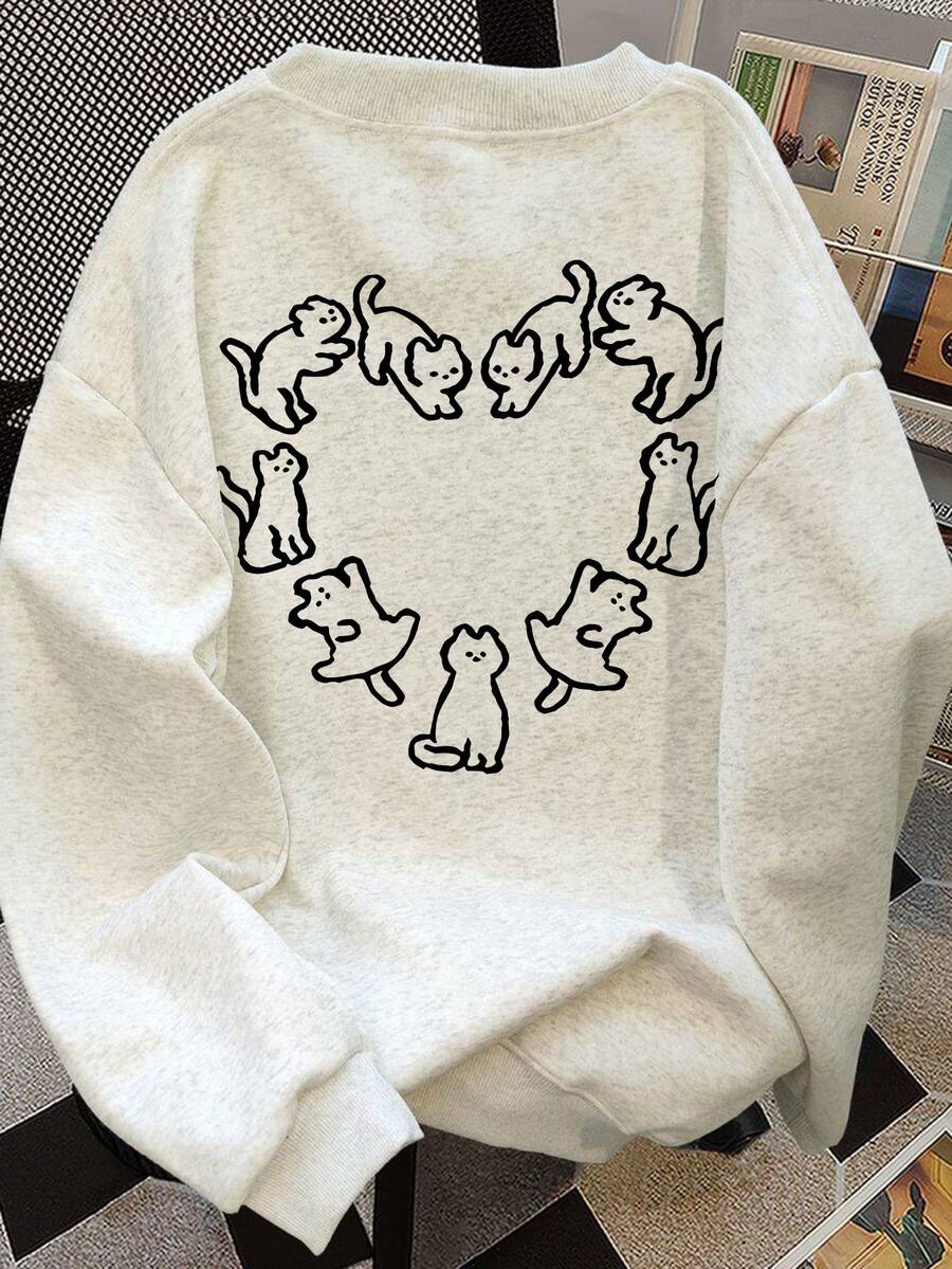 秋季女士花卉灰色圆领运动衫，休闲宽松卡通猫狗印花套头衫 - 花灰色 - 查看 1