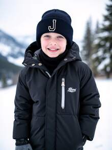 1 pieza Gorro de punto para niños con patrón de 26 letras, gorros de punto de unicolor, sombreros para niñas, gorros cálidos para exteriores, otoño/invierno - Negro - Ver 5