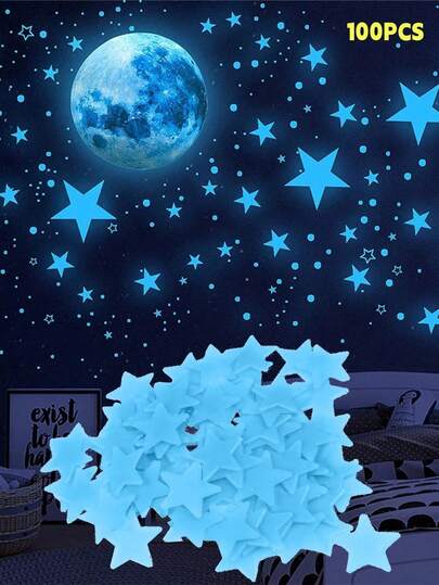 100pcs Glow-In-The-Dark Star Wall Stickers - Self-Adhesive, Space-Themed Decor For Bedroom, Living Room, Ceiling | Ideal For Parties & Events, Party Wall Decor|Glowing Star Decor|Reusable Wall Stickers, Star Decorations The Colorful Luminous Star And Moon Set Can Be Freely Pasted Together, And The Three-Dimensional Wall Stickers Are Glowing Stars