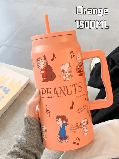 Snoopy MUSIC Orange Tumbler Cup 1500ml, Unique Design, Large Handle for Convenience, Contain PP Straw, Stainless Steel Inner Liner, Ideal for Outdoor or Indoor Use